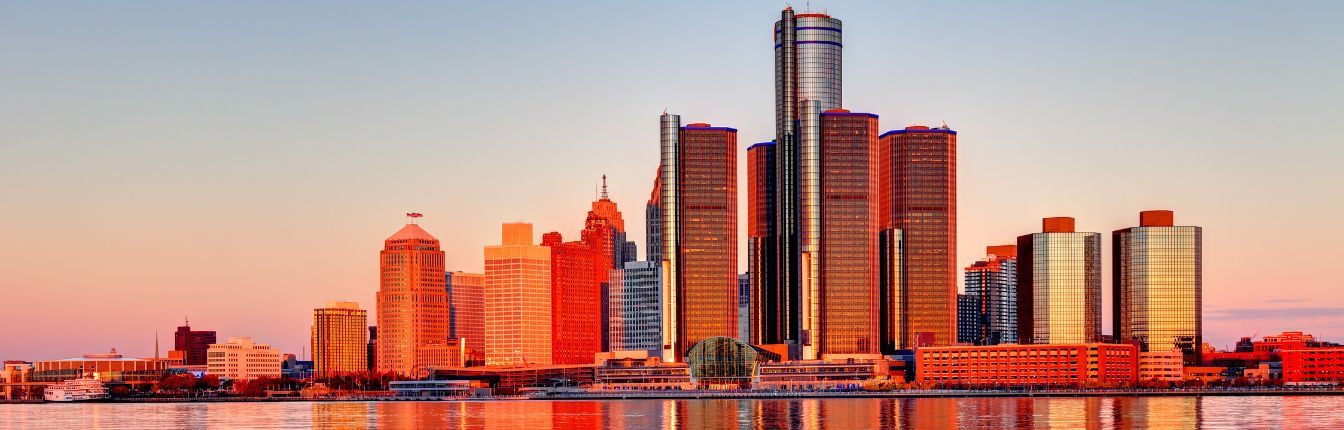 The Detroit skyline at sunset.