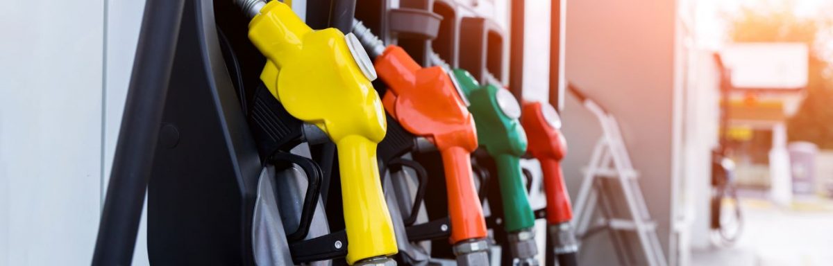 Gas pumps in different colors.