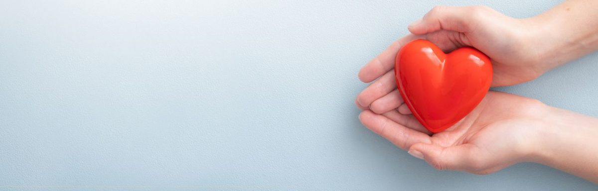 Two hands holding a red plastic heart against a light blue background.