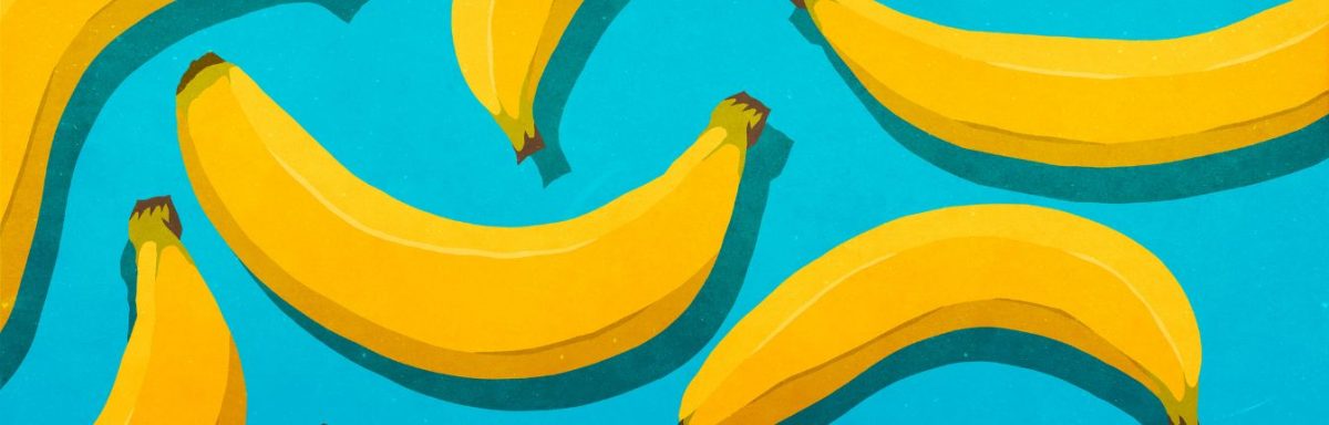 A digital drawing of bananas on a light blue background.