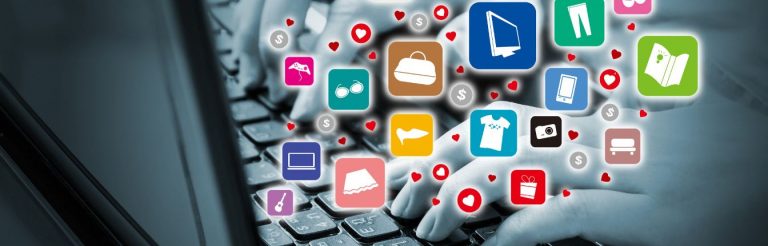 A black and white photo of hands on a keyboard, with colorful digital icons over top of it.